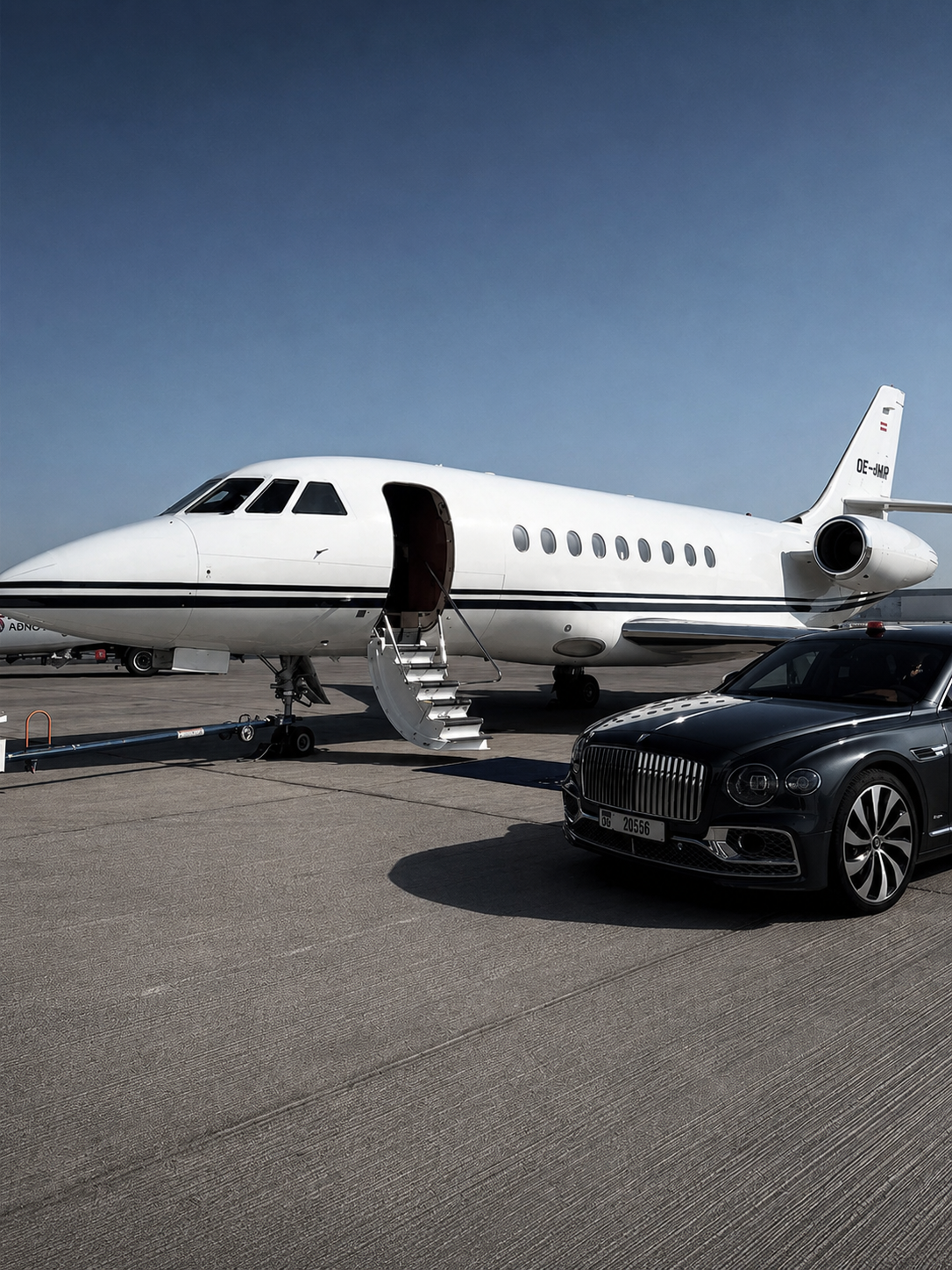 Bentley and private jet prepared for an executive arrival