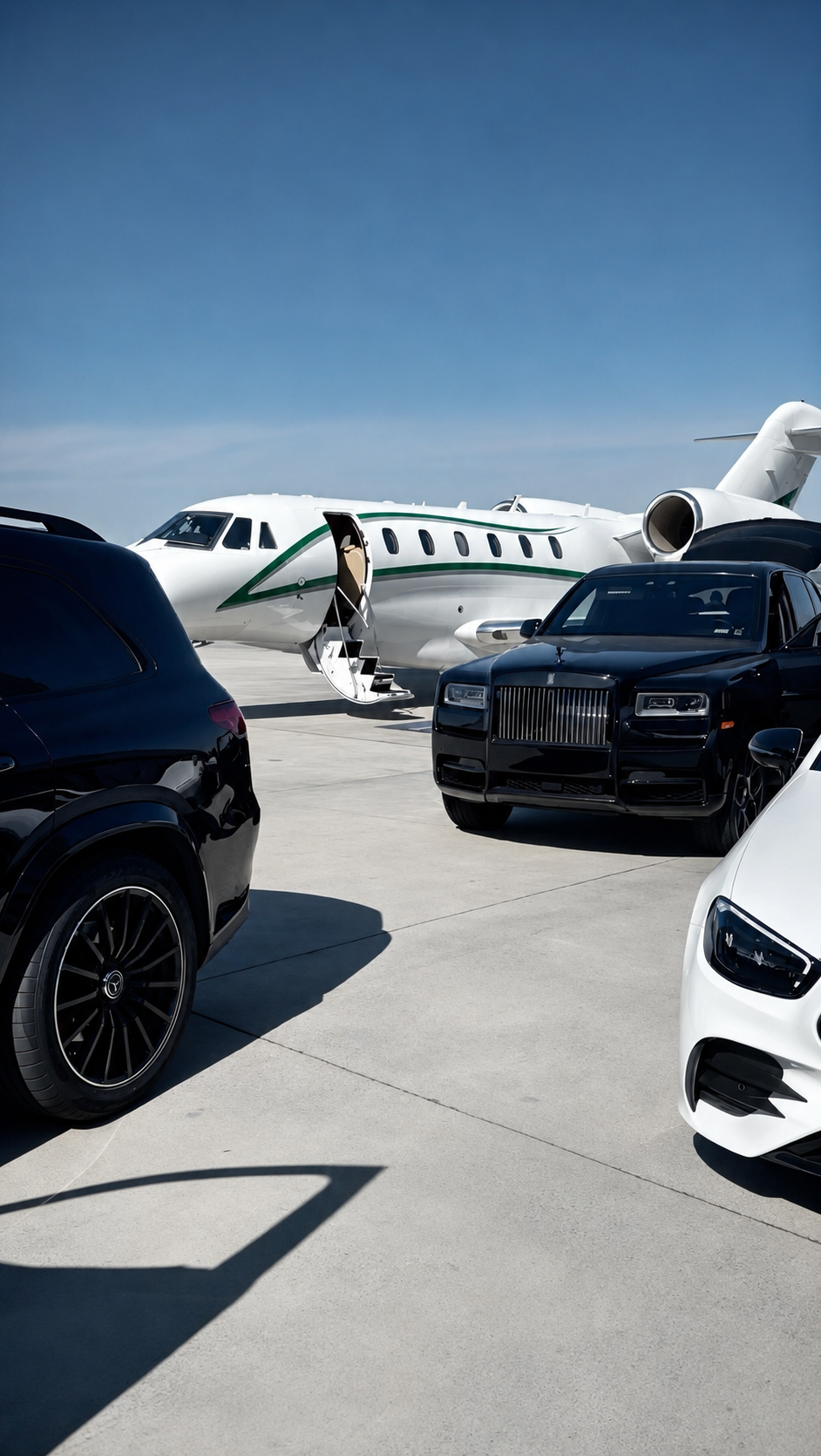Luxury black vehicles gathered beside a private jet
